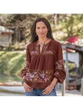 Sundance Embroidered Linen Brown XS Tunic Top Boho Peasant Floral Bird Artsy